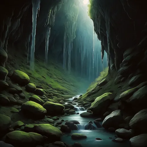 ice cave,glacier cave,cave,ravine,hollow way,mountain spring,fantasy landscape,crevasse,cave on the water,underground lake,pit cave,lava tube,lava cave,sea cave,world digital painting,fallen giants valley,canyon,aaa,green waterfall,mountain stream,Illustration,Realistic Fantasy,Realistic Fantasy 17