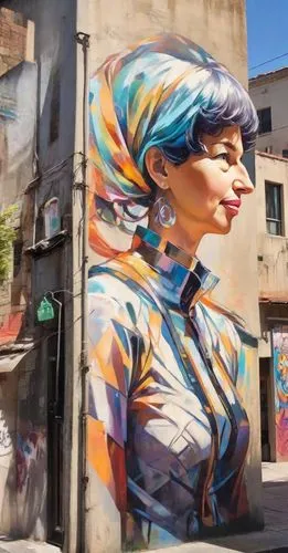 mural, graffiti de assuka langley y reik ayanami, street, en la calle ,a painted mural on the side of a building,adnate,barajneh,rajavi,marseille,farrokhzad,tel aviv,shatila,hamra,montpellier,ashrafiy