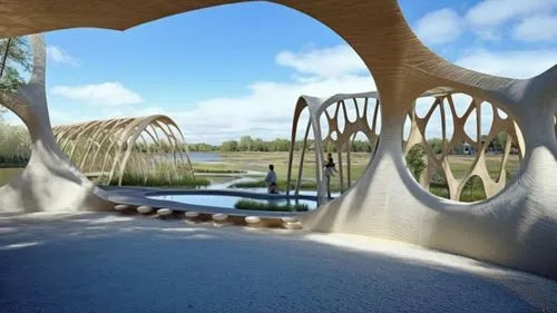 the white arches have holes cut out into them,dragon bridge,adventure bridge,viola bridge,colorado riverway bridge,falkirk wheel,sculpture park,Photography,General,Realistic