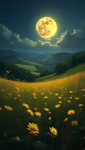 a full moon over a flower covered mountain landscape,moonlit night,landscape background,meadow landscape,nature background,dandelion background,cartoon video game background