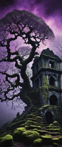 Stable diffusion, abstract art, dark colors, mysterious atmosphere, surreal landscape, nebula-inspired clouds, glowing purple mist, twisted tree branches, eerie silence, abandoned ancient ruins, overg