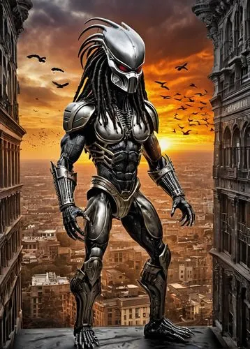 (((alien warrior "predator" , in a building black and white, dark matters))). Sunset. This transformation is captured in high-definition. Surrounding iridescent bodies are scattered in the center, dep