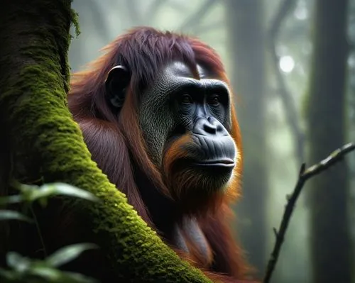 Mysterious orangutan, solo, ancient tree, vines entwined, misty rainforest, warm humid atmosphere, afternoon sunlight filtering through leaves, dense foliage, exotic flowers blooming, rough tree bark,