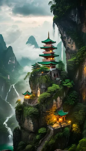 fantasy landscape,japan landscape,tigers nest,landscape background,fantasy picture,world digital painting,Photography,General,Fantasy