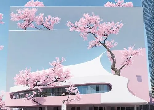 white bionic building. Surrounding around pink sakura trees, many pink sakura trees. around people,a painting of two trees against the sky and buildings,sakura tree,sakura trees,japanese sakura backgr