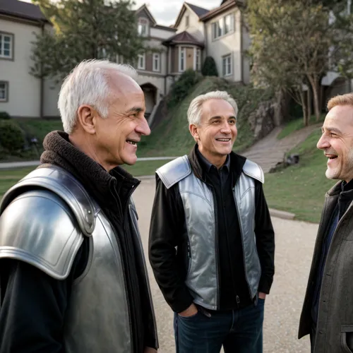 2 men exchange brief glances and laugh. One man discusses a futuristic system.,disciplinarians,menfolk,triumvirate,knighthoods,fellowship,three wise men,armors,hrones,yountville,retirees,the three wis