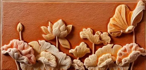  terracotta bas relief,
,an orange leather plaque with different flowers,wood carving,tulip tree,magnoliaceae,terracotta tiles,woodcarving,ceramic tile,Common,Common,Natural