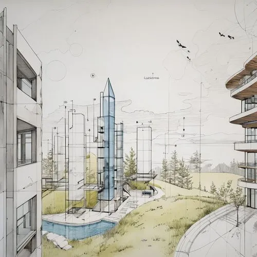 a drawing shows the city with several tall buildings,unbuilt,europan,renderings,miralles,redevelop,habitaciones,Unique,Design,Blueprint