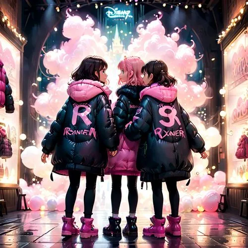 two girls named have their names on the back of their big black and pink puffy coats ,two little girls are looking at a wall with lights and balloons,nrg,raincoats,tts,akb,rv,rsk,Anime,Anime,Cartoon