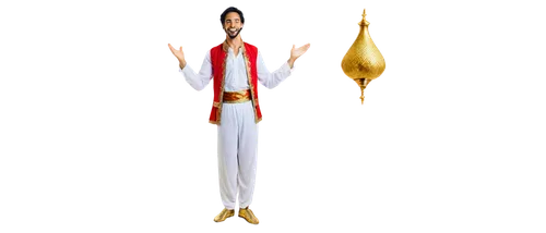 Middle Eastern man, Aladdin costume, white shirt, red vest, harem pants, golden slippers, holding magic lamp, joyful expression, Arabic music notes surrounding, colorful fabric background, warm lighti