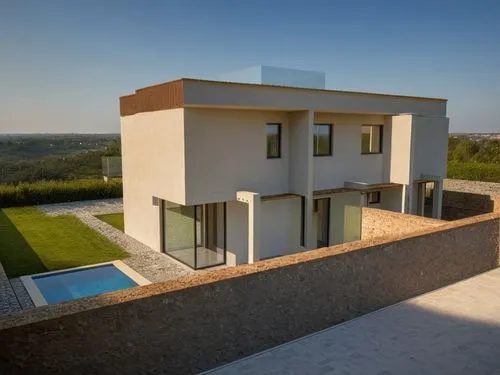 villetta bifamiliare moderna nuova simmetrica infissi in vetro e ringhiere in vetro, giardino, tetto piano ,an aerial s of the top of a large building,modern house,dunes house,villa,casabella,cubic ho