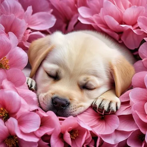 cute puppy,canine rose,sleeping rose,pink floral background,sleeping dog,flower animal,Photography,General,Realistic