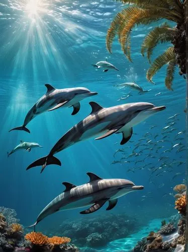 "A pod of dolphins, jumping out of the sparkling turquoise ocean, sunlight shining down, clear water, coral reefs in the background, seaweed swaying gently, a few seagulls flying overhead, sandy beach