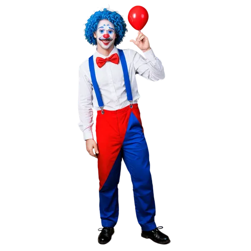 Clown, colorful wig, curly hair, red nose, painted smile, white face paint, bright blue eyes, oversized shirt collar, baggy pants, suspenders, large shoes, holding a red rubber nose, standing, funny p