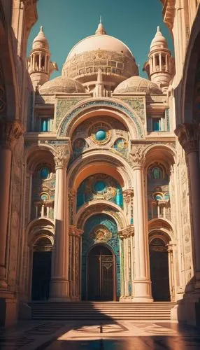 Ancient Istio architecture, Romanesque style, ornate stone carvings, grand entrance with columns, intricate mosaics, stained glass windows, high ceilings, symmetrical facade, imposing structure, histo