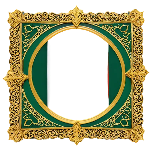 Palestinian flag colors, intricate patterned frame, golden border, ornate details, circular shape, 3D effect, high-quality rendering, close-up shot, soft focus, warm lighting, vibrant colors, decorati