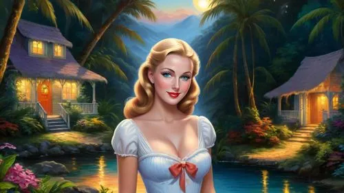 Romantic masterpiece oil painting, cute girl portrait, nostalgic 1950's style kitsch, vibrant rainforest landscape, lush tropical jungle paradise, summer beach vacation seaside cottage sunset scenery,