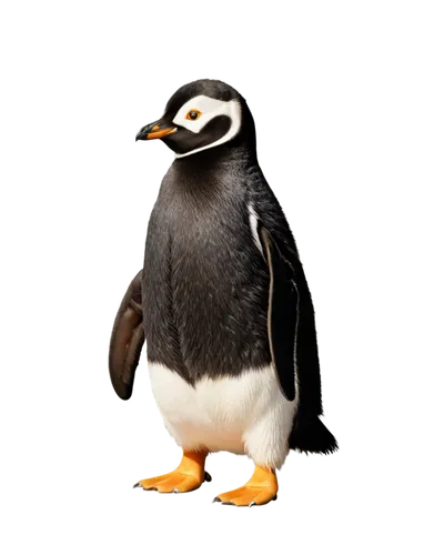 Side view, penguin, solo, adult, black back, white belly, orange beak, yellow eyes, flipper feet, waddling, casual walking, soft feather texture, naturalistic, warm sunlight, shallow depth of field, c