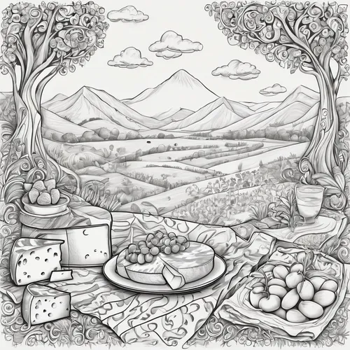 coloring page,vegetables landscape,placemat,cd cover,coloring pages,food line art,cheese plate,food table,coffee tea illustration,coloring picture,fruit fields,hand-drawn illustration,foods,vegetable field,apple jam,stravecchio-parmesan,fruit preserve,pico de gallo,picnic basket,orchards,Illustration,Black and White,Black and White 05