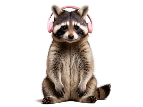 Raccoon, furry, cute, headphones, listening music, closed eyes, relaxed face, soft whiskers, tiny nose, bushy tail, sitting posture, crossed legs, casual atmosphere, warm lighting, shallow depth of fi