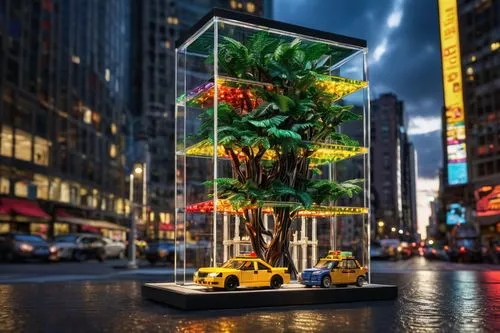 Lego, NYC, modern skyscraper, sleek glass exterior, silver metallic frame, vibrant LED lights, bustling street scene, pedestrians walking, yellow taxi cabs passing by, urban jungle, concrete pavement,