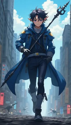 Full-body character design of a young man with curly hair, pointed ears, and a sly smile. Wears a futuristic courier outfit in shades of blue and silver, with wings on his boots and helmet. Carries a 