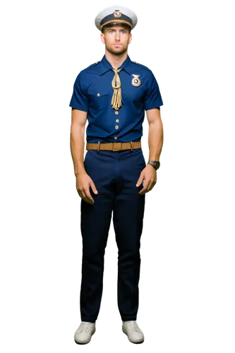 US Navy sailor, male, young adult, muscular build, serious facial expression, blue eyes, short brown hair, white hat, navy blue uniform, gold buttons, anchor emblem, standing at attention, dramatic li