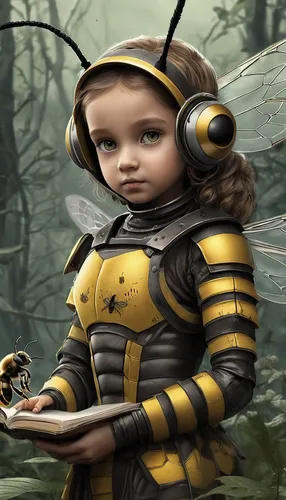 Develop a heartwarming children's book about a brave Queen Bee who helps her fellow insects save their endangered habitat.,beekeeper,drone bee,giant bumblebee hover fly,bee,colletes,gray sandy bee,bee