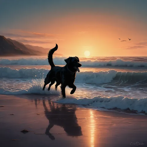 On a beach at dawn, a dog silhouette frolics in the waves.,beach dog,stray dog on beach,flat-coated retriever,gordon setter,giant schnauzer,boykin spaniel,dog illustration,australian kelpie,dog in the