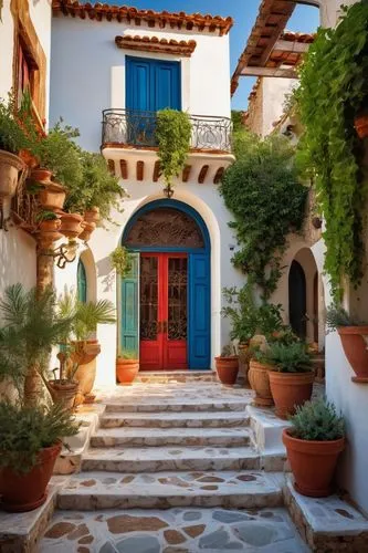 Mediterranean architecture, villa, white walls, blue windows, red roof tiles, ornate door, stone pillars, curved arches, intricate carvings, lush greenery, potted plants, wooden doors, iron lanterns, 