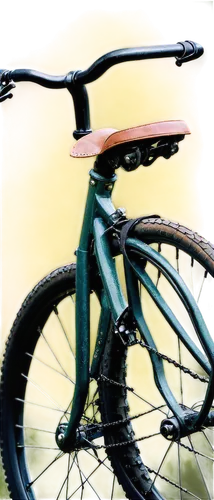 Vintage bicycle, rusty chain, worn-out saddle, old-fashioned pedals, metal frame, curved handlebars, leather straps, wooden wheels, morning dew, soft sunlight, shallow depth of field, warm color tone,