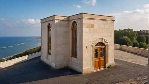  External photo of a nice classical building of jewish synagogue ,a large tower on top of a building next to water,haifa,crimea,jaffa,yaffa,Photography,General,Realistic