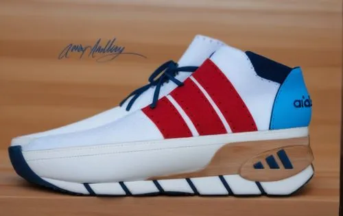 White sock upper sneaker, red, white, and navy accent colors, white mid sole, light blue gel insert on sole with navy Adidas logo, wood background ,Custom Adidas sneaker with simulated wood accent,per