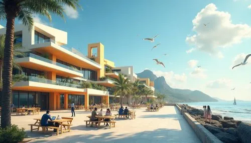 seaside resort,3d rendering,beachfront,oceanfront,render,shorefront,beach resort,seaside view,beach restaurant,renderings,the hotel beach,renders,3d rendered,hotel riviera,3d render,shoreside,waterfront,resort,residencial,fresnaye,Photography,General,Realistic