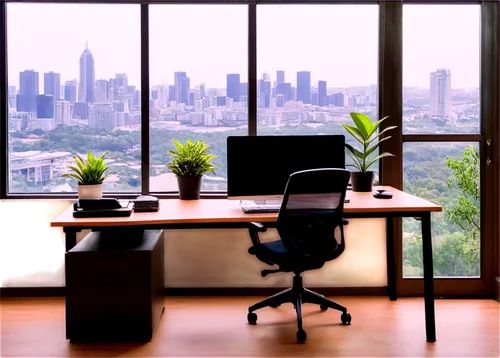 Modern office backdrop, clean desk, ergonomic chair, laptop, keyboard, mouse, notepad, pen holder, plants on shelf, floor-to-ceiling windows, city view, natural light, soft focus, blurred background, 