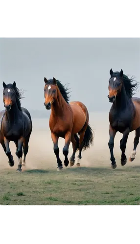 Wild horses, galloping, herd, freedom, majestic, powerful muscles, shiny coats, flowing manes, wild eyes, open plains, morning mist, soft warm light, panoramic view, cinematic composition, vibrant col