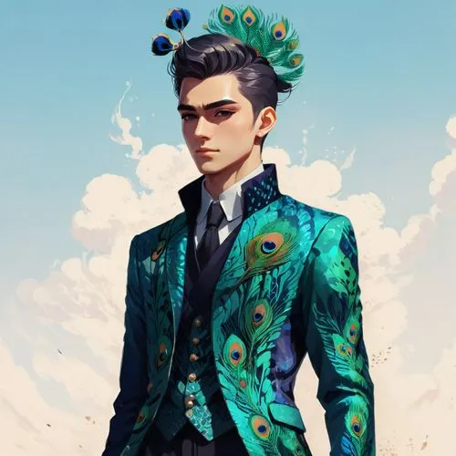 dandy,peacock,fairy peacock,male peacock,pompadour,blue peacock,suit of spades,xufeng,lapels,steampunk,formichetti,kazakhstani,etro,baudelaires,credence,pompadours,mogg,pompadoured,pomp,sprezzatura,Conceptual Art,Fantasy,Fantasy 32