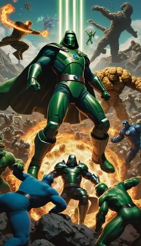  collage of doctor doom fighting surrounded by fantastic four ,the cover to doctor strange's new mutants 1,kilowog,latveria,annihilus,apokolips,superhero background,volthoom,ultimates,kshatriya,hal,in