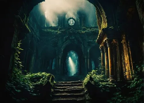 haunted cathedral,hall of the fallen,labyrinthian,portal,lost place,creepy doorway,ghost castle,entrada,necropolis,odditorium,ruins,vecna,shadowgate,fantasy picture,castlevania,lair,sunken church,ruin,mausoleum ruins,sanctum,Illustration,Realistic Fantasy,Realistic Fantasy 37