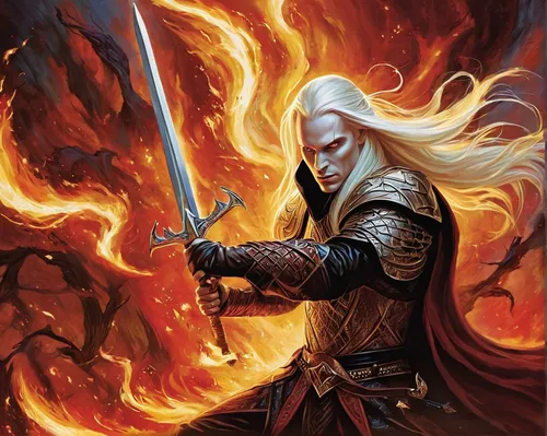 heroic fantasy,gandalf,prejmer,dark elf,fire background,dragon fire,burning torch,fiery,pillar of fire,the white torch,flame of fire,fire master,flickering flame,flame spirit,male elf,witcher,dane axe,fire siren,dragon slayer,cleanup,Illustration,Abstract Fantasy,Abstract Fantasy 10