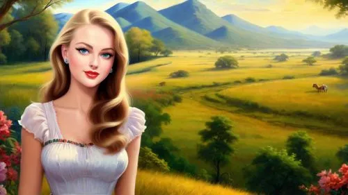 Romantic masterpiece oil painting, beautiful slim busty woman portrait, nostalgic 1950's style kitsch, standing in front of a breathtaking beautiful epic vast landscape, African savannah, majestic vib