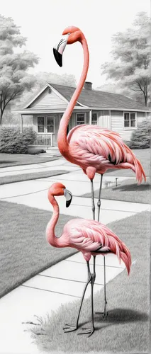 flamingo couple,flamingos,flamingoes,lawn flamingo,two flamingo,pink flamingos,pink flamingo,flamingo,flamingo pattern,greater flamingo,cuba flamingos,flamingo with shadow,photomanipulation,perching birds,bird illustration,key birds,whimsical animals,anthropomorphized animals,surrealism,an ornamental bird,Illustration,Black and White,Black and White 35