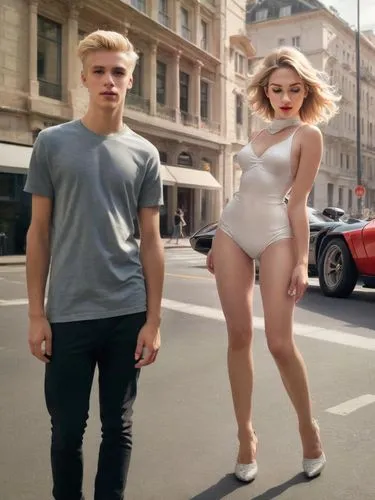 Two young people of mixed gender but both blond, English. Him a little taller than her.,a man and woman are in the street,transadelaide,barbarella,objectification,hellberg,sandmann,pedestrians