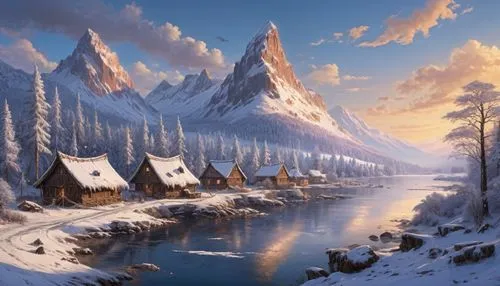 mountain settlement,winter village,winter landscape,snow landscape,alpine village,fantasy landscape,mountain village,mountain huts,northrend,snowy mountains,snowy landscape,christmas landscape,snow scene,winter house,winter background,fantasy picture,ice landscape,mountain scene,snow mountains,salt meadow landscape