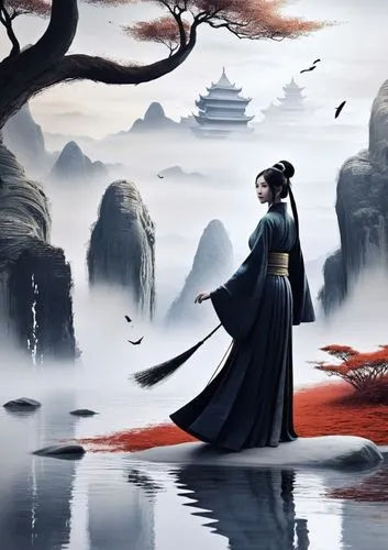 hanfu,wudang,wuxia,yi sun sin,yuexiu,japanese art,Illustration,Realistic Fantasy,Realistic Fantasy 01