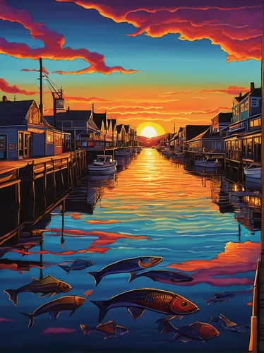 provincetown,cape cod,martha's vineyard,brigantine,kennebunkport,coast sunset,marthas vineyard,block island,fishing village,boat harbor,nubble,harbor,monterey,fishermans wharf,eventide,harbour,orange bay,glass painting,oil painting on canvas,maine,Illustration,Realistic Fantasy,Realistic Fantasy 45