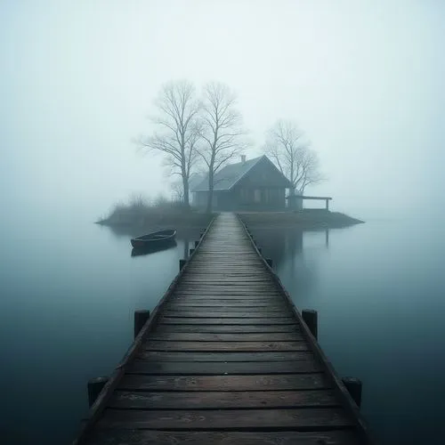 foggy landscape,wooden pier,dock,foggy day,stillness,house with lake,Photography,Artistic Photography,Artistic Photography 01