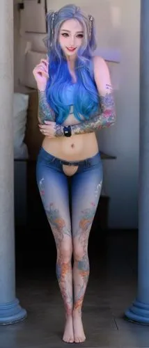 双腿并拢直立，双腿不交叉,a woman with blue hair and tattoos posing for the camera,bobinska,thighpaulsandra,bobinski,zulic,gnome,halie