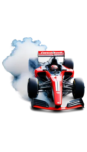 Racing car, F1 style, shiny metal body, sleek design, bold red stripes, black wheels, low-angle shot, dramatic lighting, smoke effects, high-speed motion blur, dynamic composition, shallow depth of fi