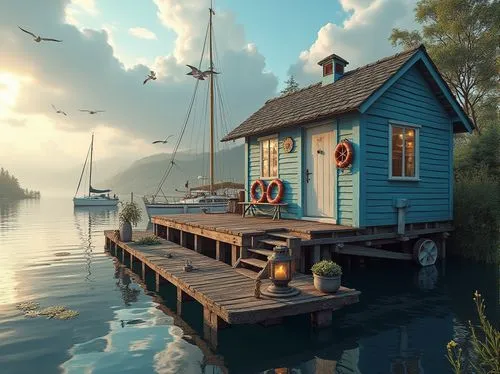 houseboat,floating huts,summer cottage,house by the water,houseboats,fisherman's house,house with lake,boatshed,boat house,fisherman's hut,boathouses,cottage,boat shed,boathouse,wooden house,small cabin,stilt house,weatherboard,stilt houses,inverted cottage,Photography,General,Realistic